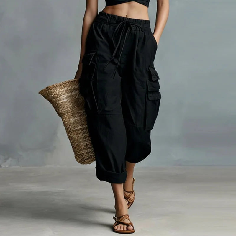 Women's Cargo Pants | Cropped Wide Leg Drawstring Waist Pockets