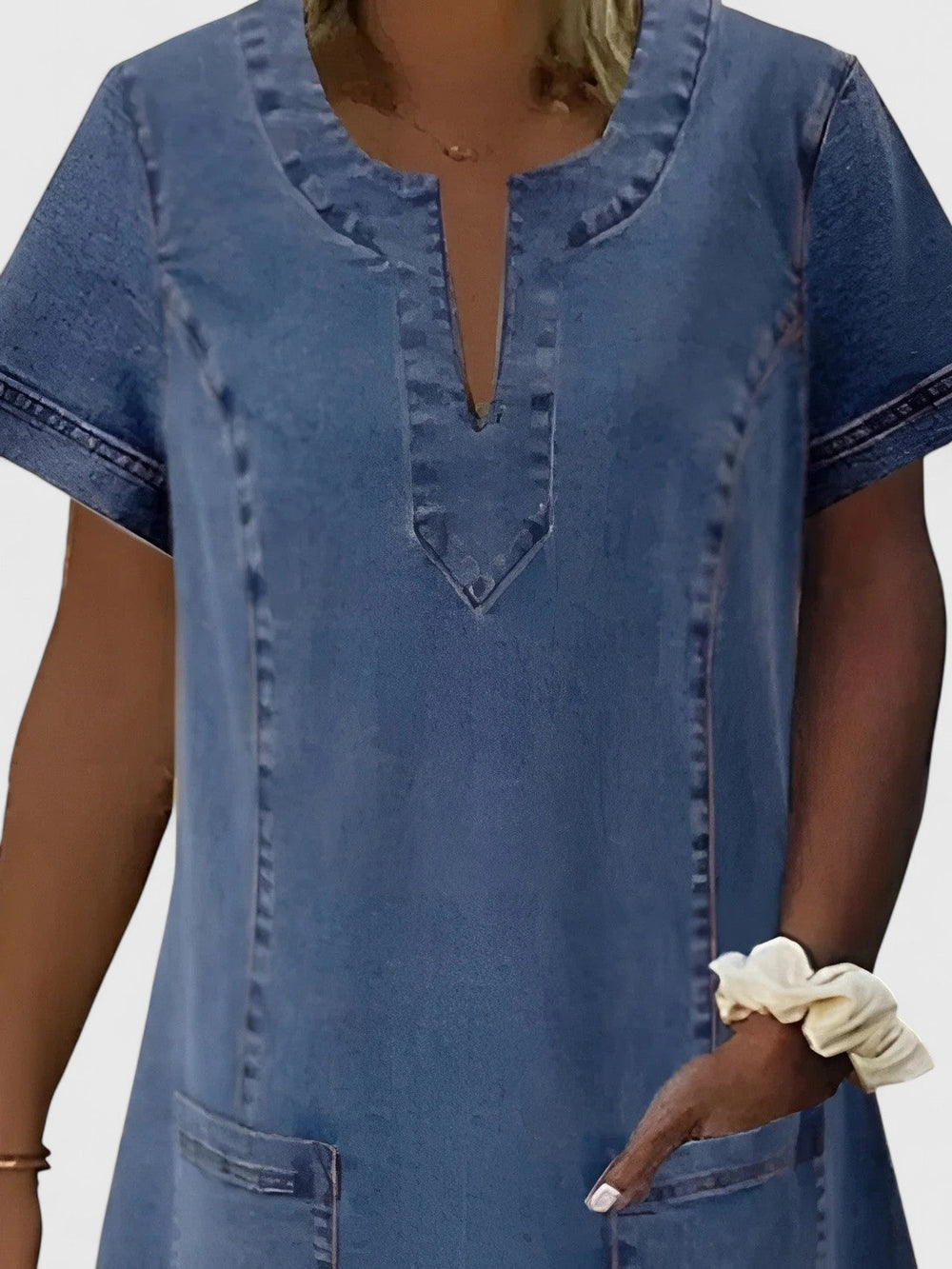 Women's Jean Dress | V-Neck Short Sleeve Midi Denim