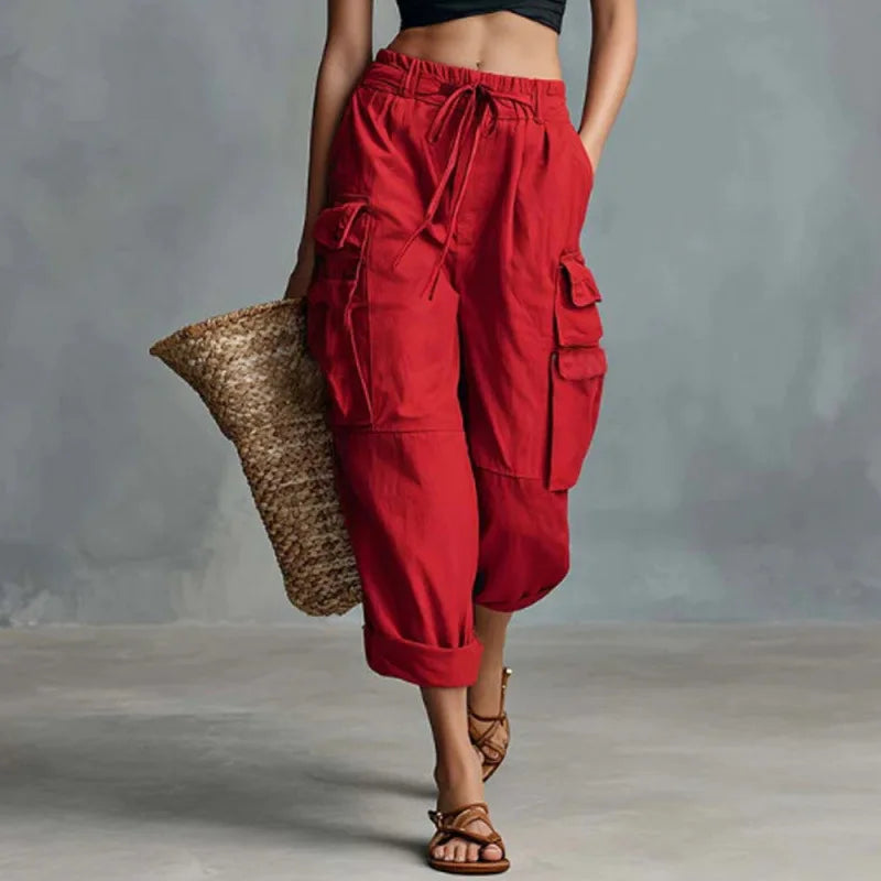 Women's Cargo Pants | Cropped Wide Leg Drawstring Waist Pockets