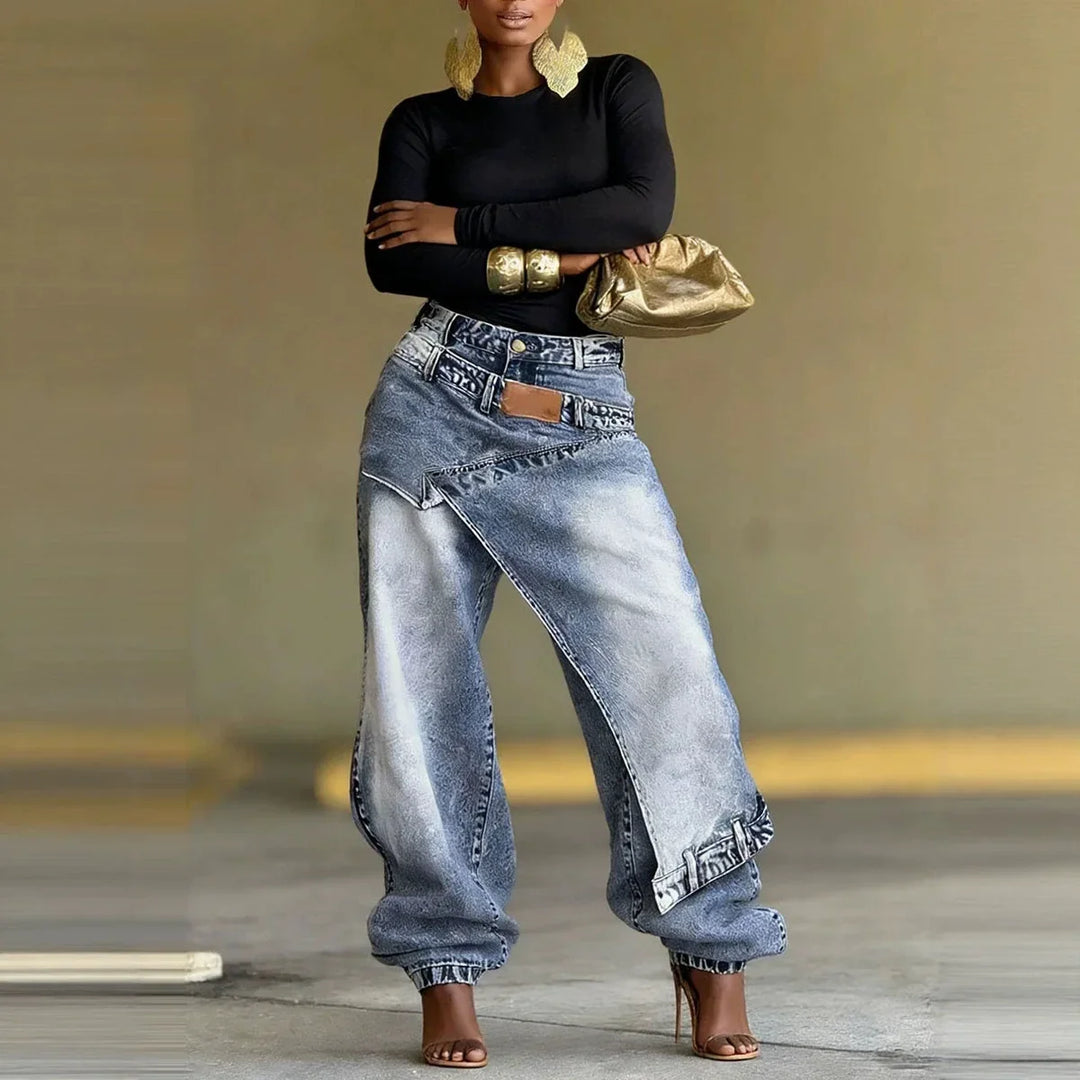 Women's Baggy Jeans | Asymmetrical Wrap Waist Wide Leg Cuffed Hem Denim