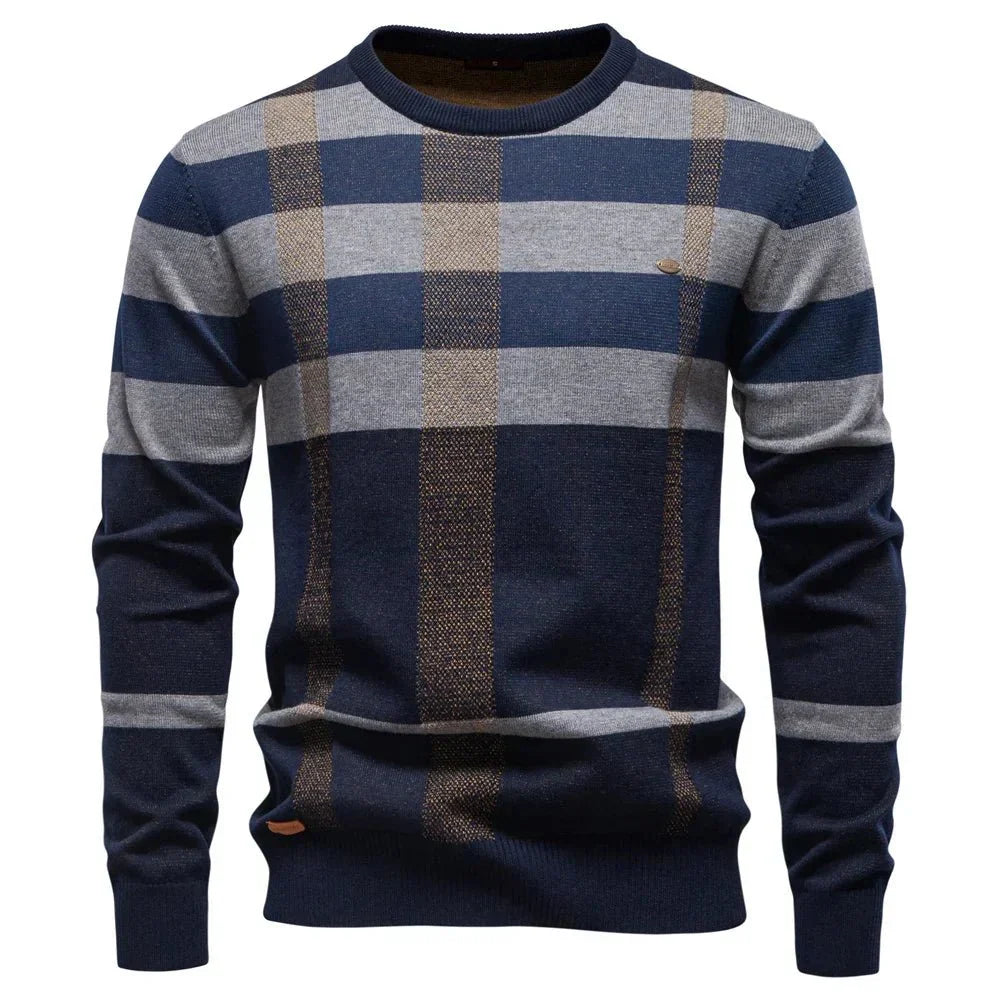 Men's Sweater | Colorblock Plaid Round Neck Knit Long Sleeve