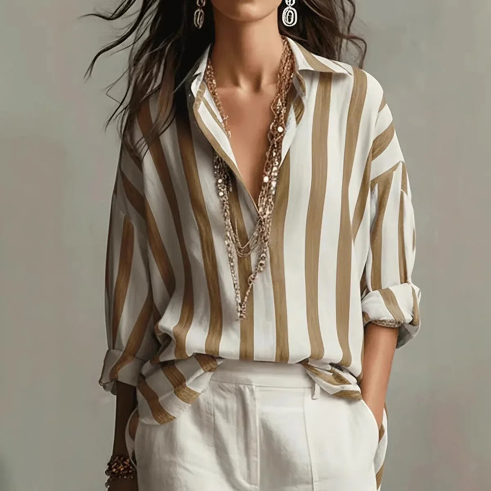 Women's Long Sleeve Shirt | Striped Collared Loose Fit Linen