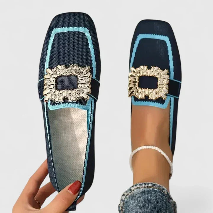 Women's Loafers | Square Toe Jeweled Buckle Knit Flat