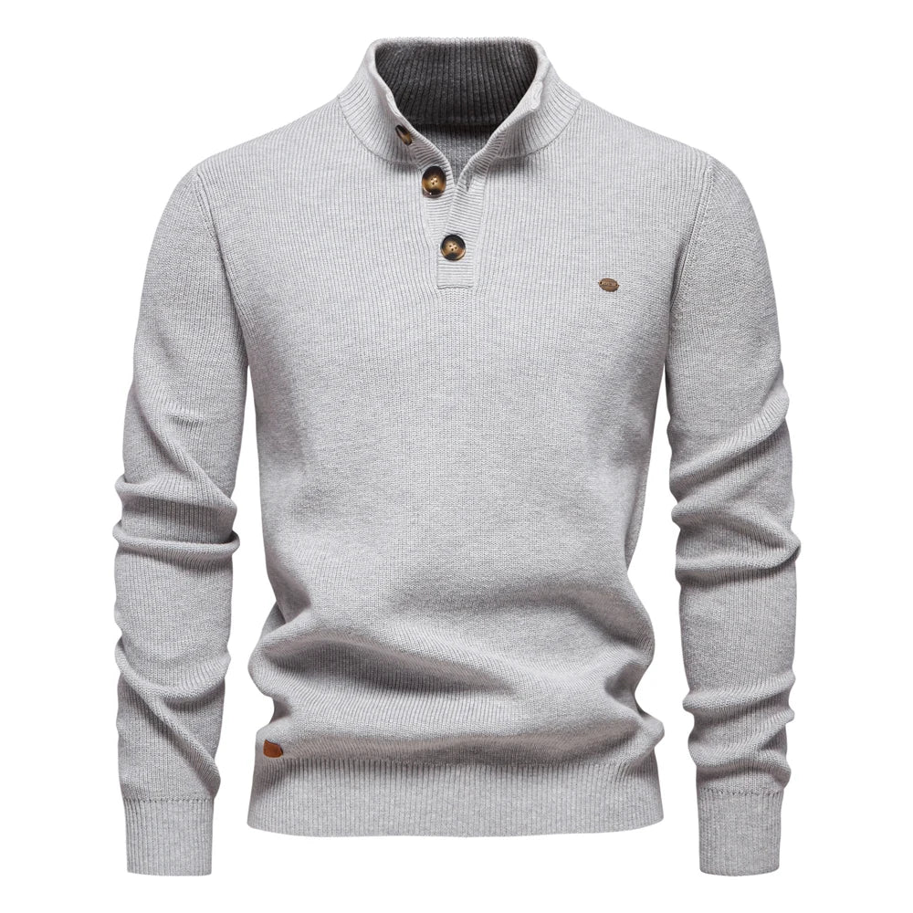 Men's Sweater | Mock Neck Button Placket Ribbed Knit Long Sleeve