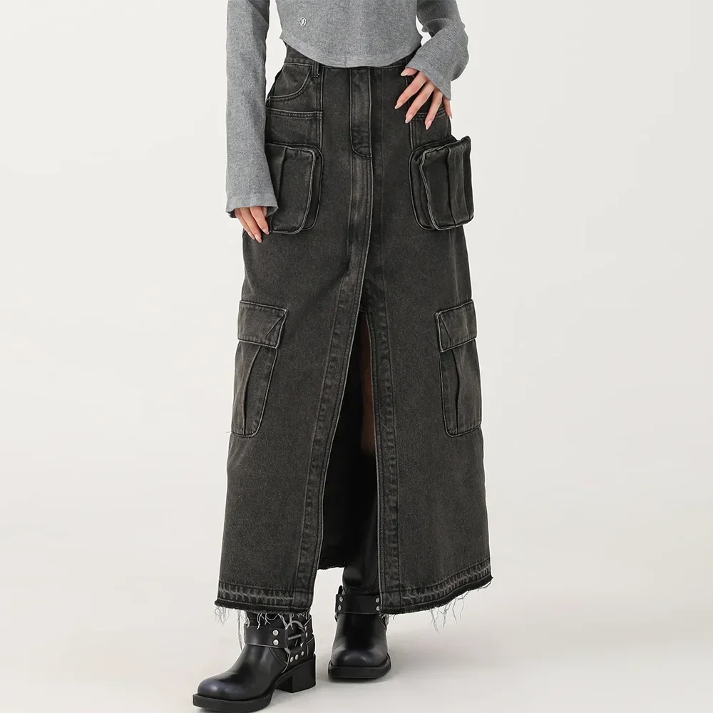 Women's Denim Skirt | Maxi Cargo Pockets Front Split High Waist