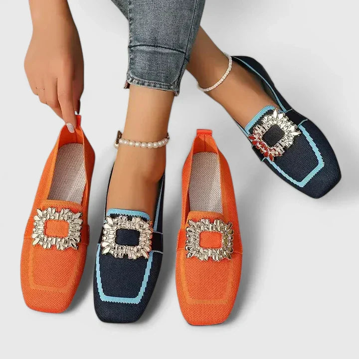 Women's Flats | Square Toe Jeweled Buckle Knit