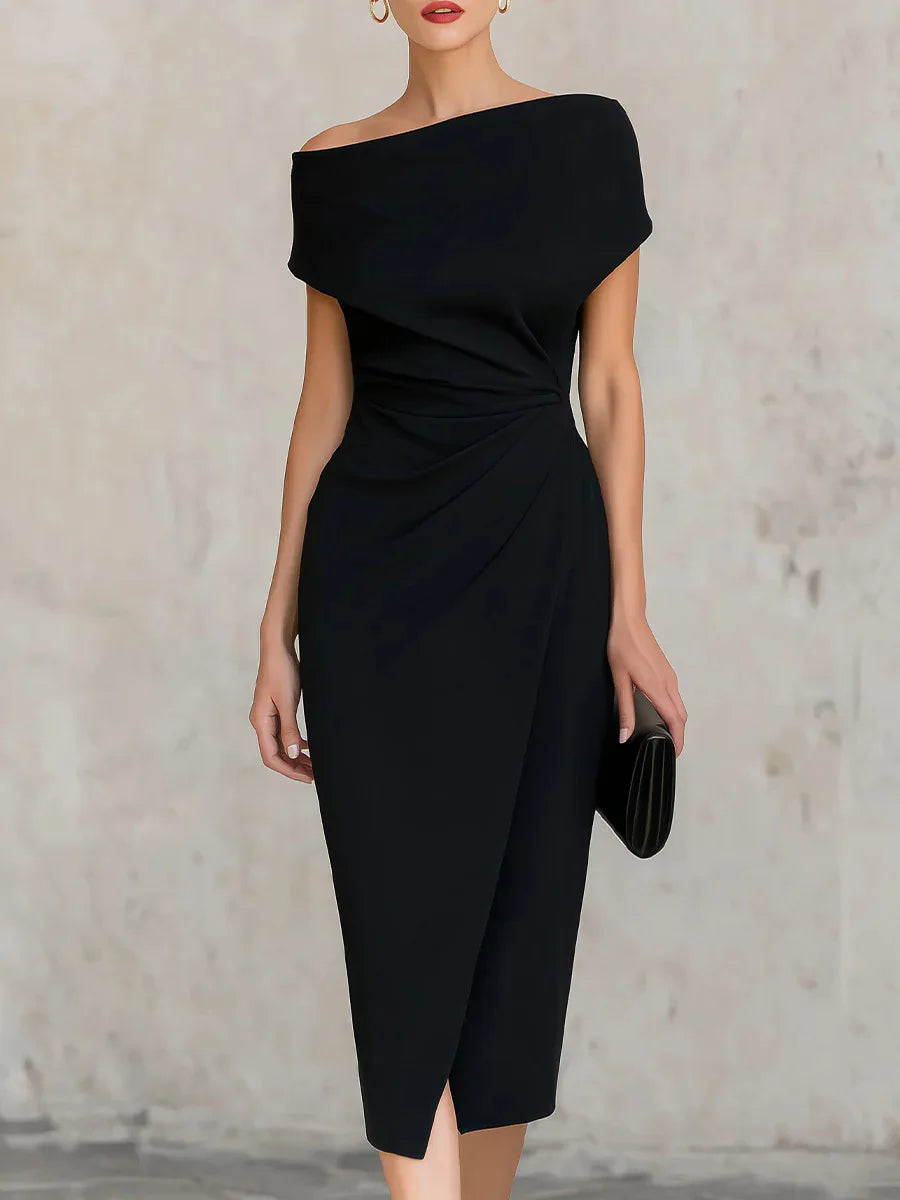 Women's Cocktail Dress | Midi Draped Off Shoulder Ruched Waist