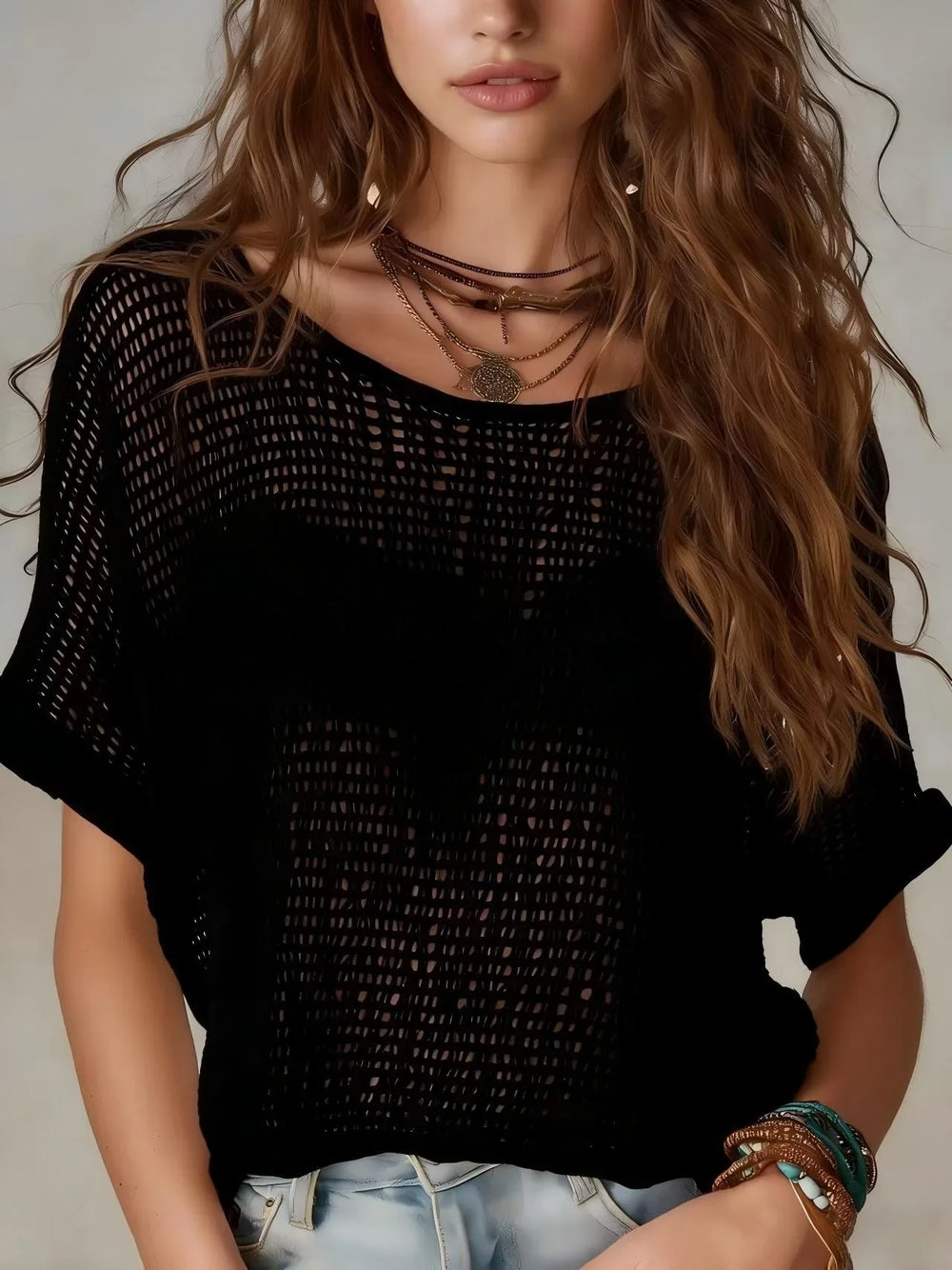 Women's Holiday Top | Mesh Crochet Short Sleeve Relaxed Fit