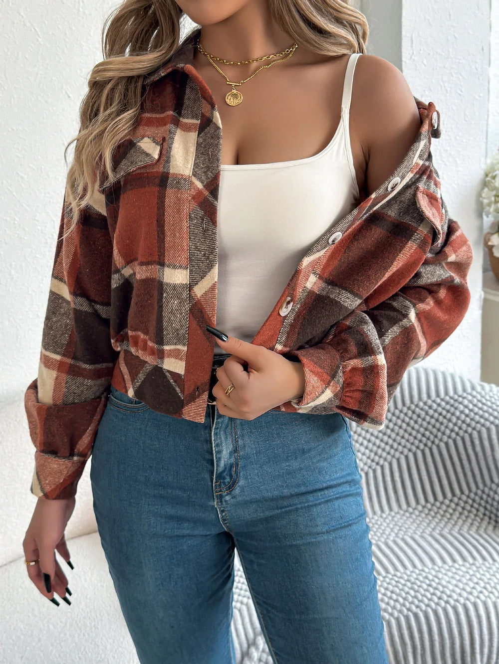 Women's Flannel Shirt | Cropped Plaid Button-Up Long Sleeve