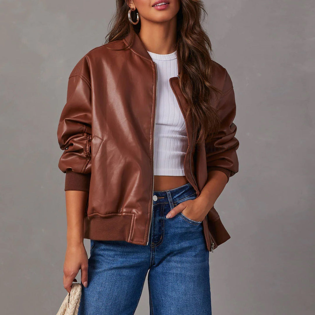 Women's Leather Jacket | Bomber Silhouette Zip Front Ribbed Cuffs