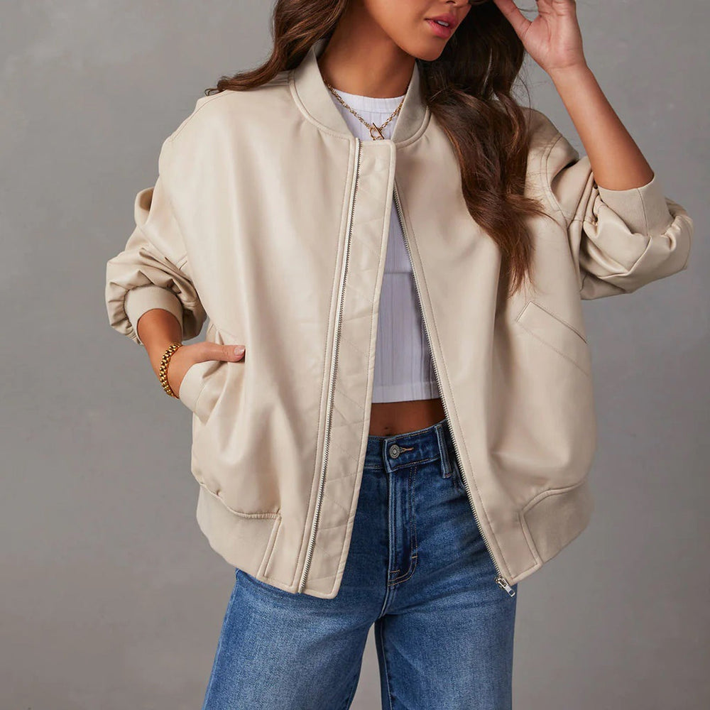 Women's Leather Jacket | Bomber Silhouette Zip Front Ribbed Cuffs
