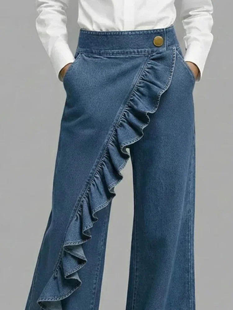 Women's Wide Leg Jeans | High Rise Ruffle Trim Wide Leg Denim