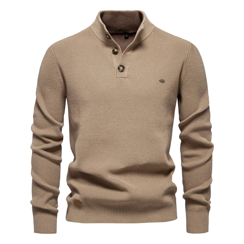 Men's Sweater | Mock Neck Button Placket Ribbed Knit Long Sleeve