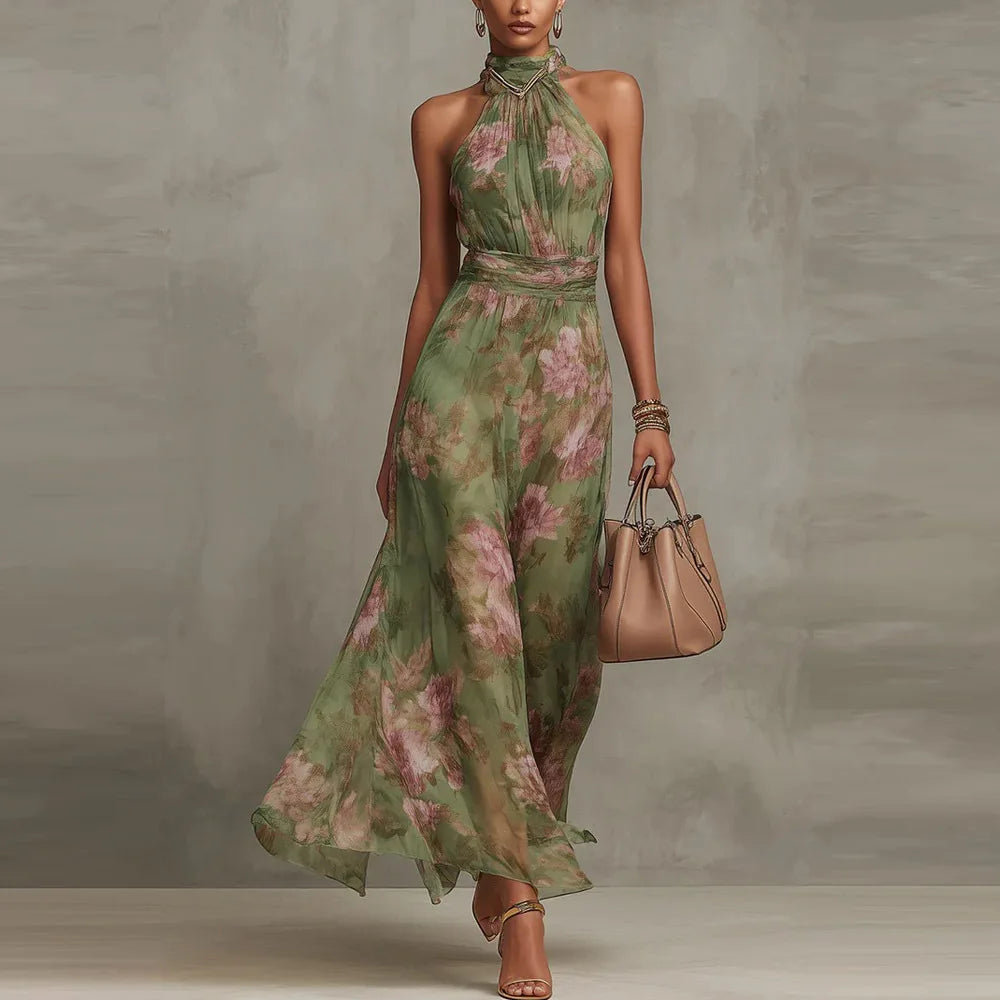 Women's Holiday Dress | Halter Neckline Maxi Floral Ruched