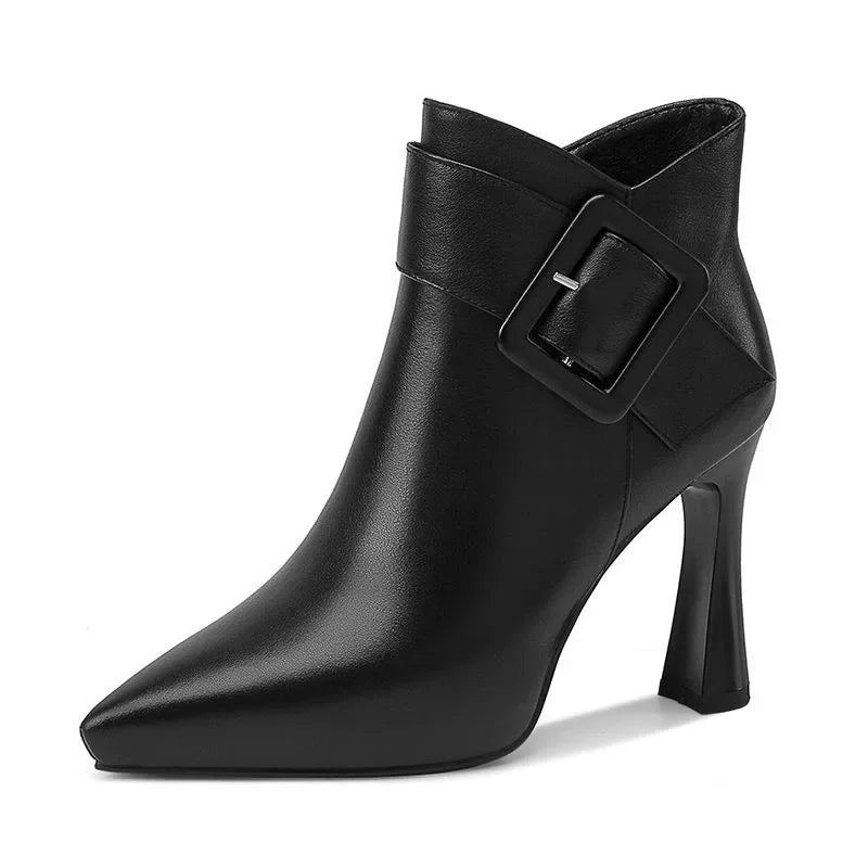 Women's Black Boots | Pointed Toe Buckle Strap Sculpted Heel
