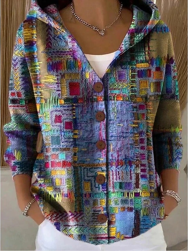 Women's Cardigan | Hooded Knit Long Sleeve Button Front Print