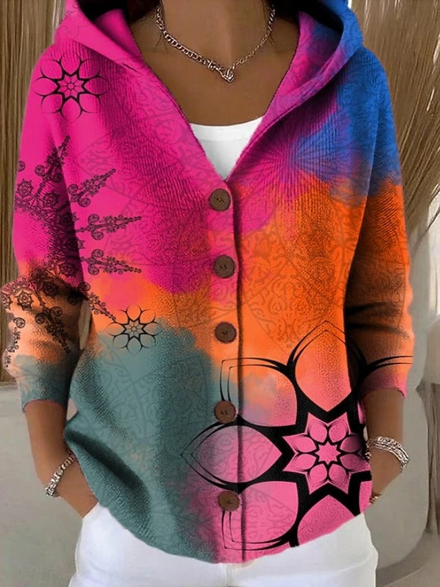 Women's Cardigan | Hooded Knit Long Sleeve Button Front Print