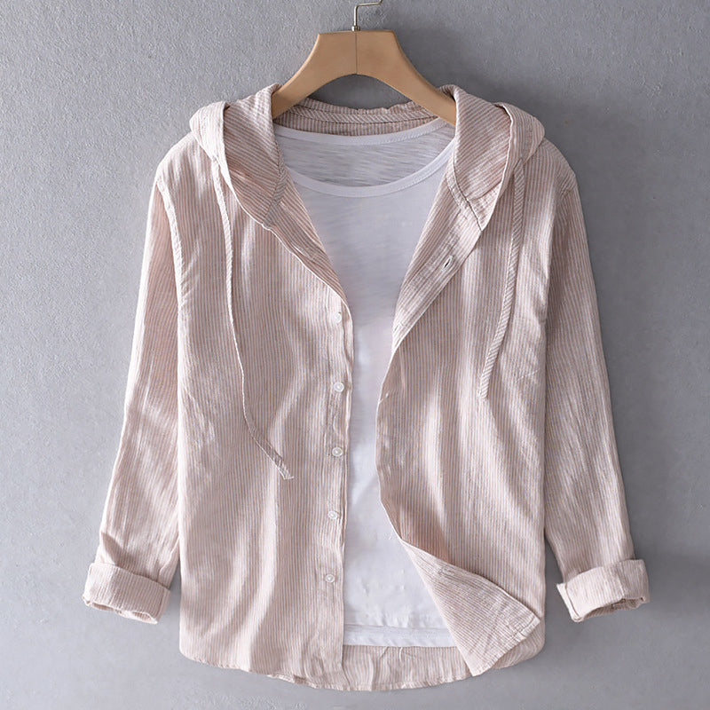 Women's Hoodie | Striped Button Front Long Sleeve Cotton Linen