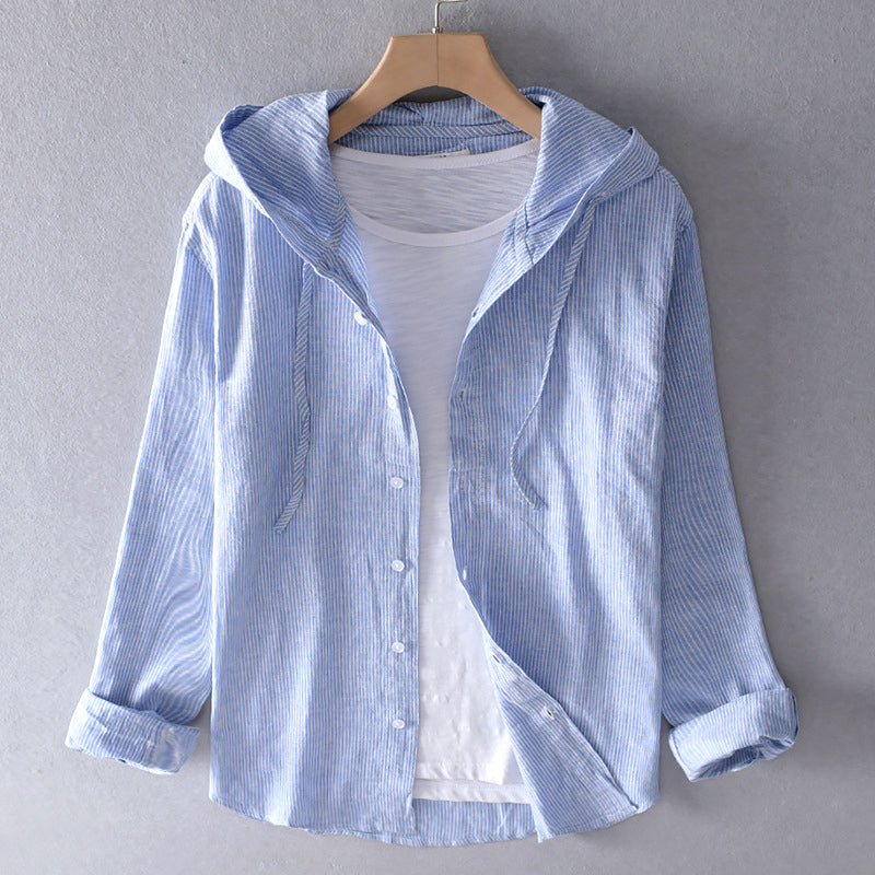 Women's Hoodie | Striped Button Front Long Sleeve Cotton Linen