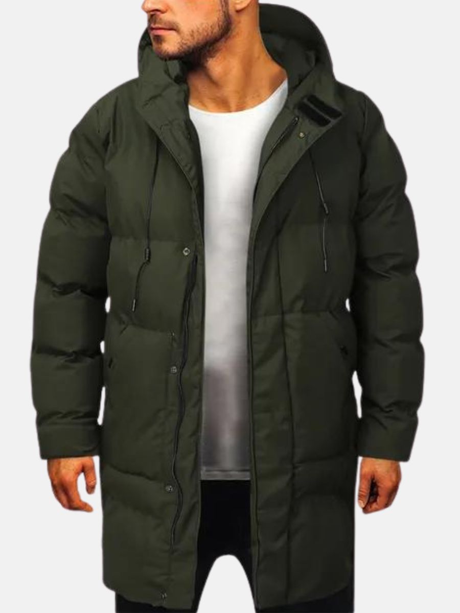 Men's Puffer Jacket | Hooded Long Length Drawstring Zip Closure