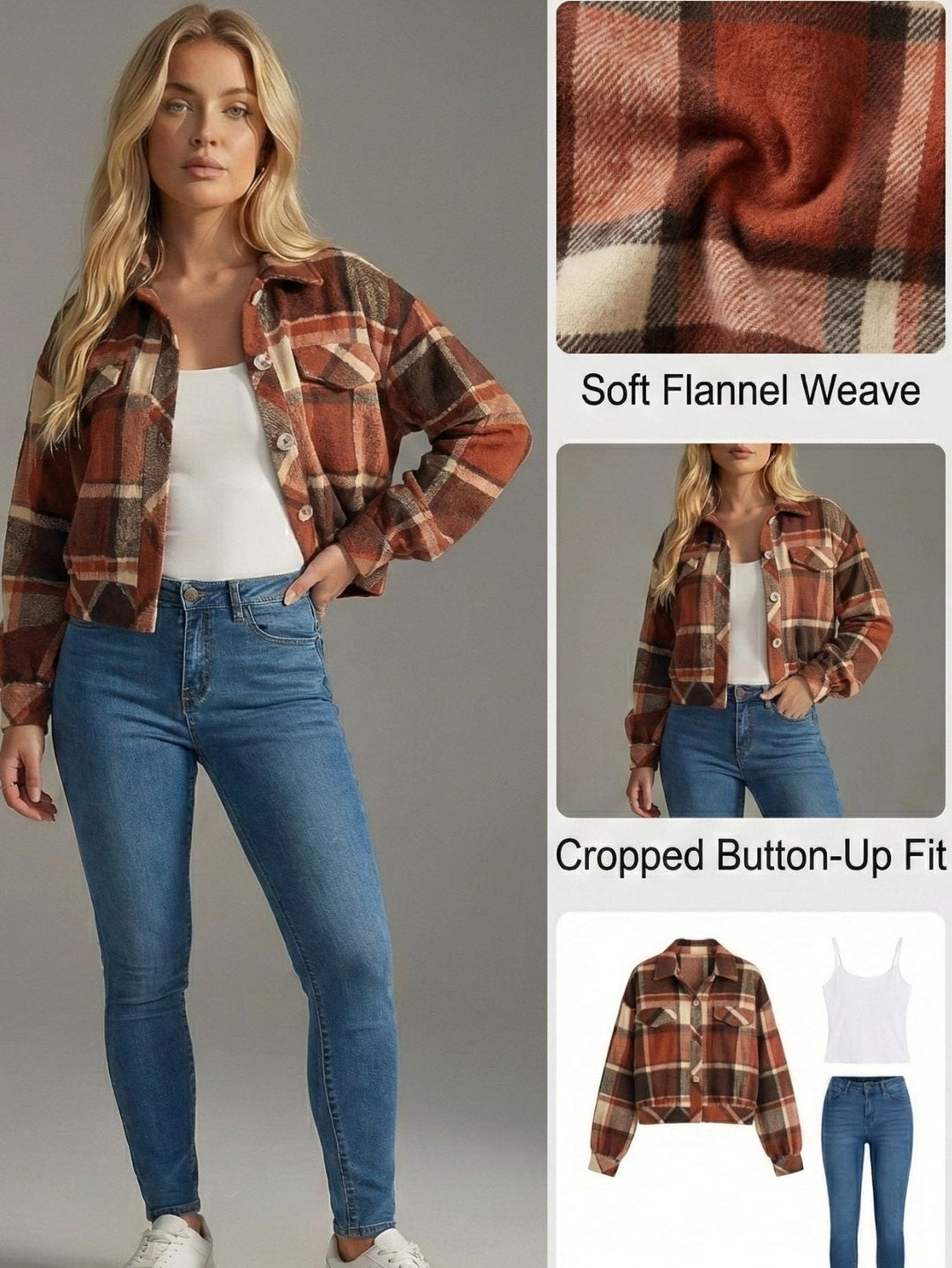 Women's Flannel Shirt | Cropped Plaid Button-Up Long Sleeve