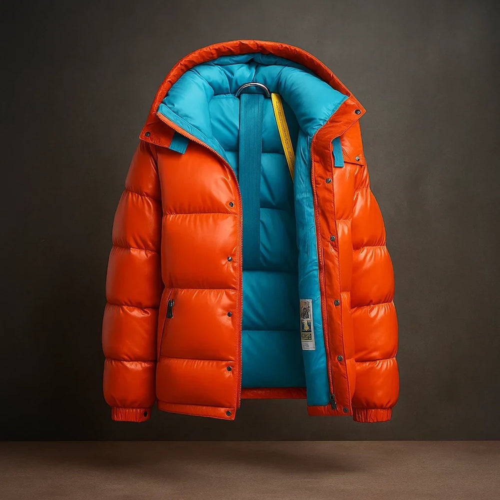 Men's Puffer Jacket | Hooded Full Zip Padded Glossy Shell