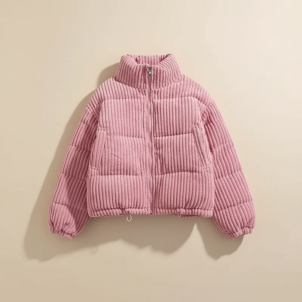 Women's Puffer Jacket | Cropped Corduroy Quilted High Neck Zip