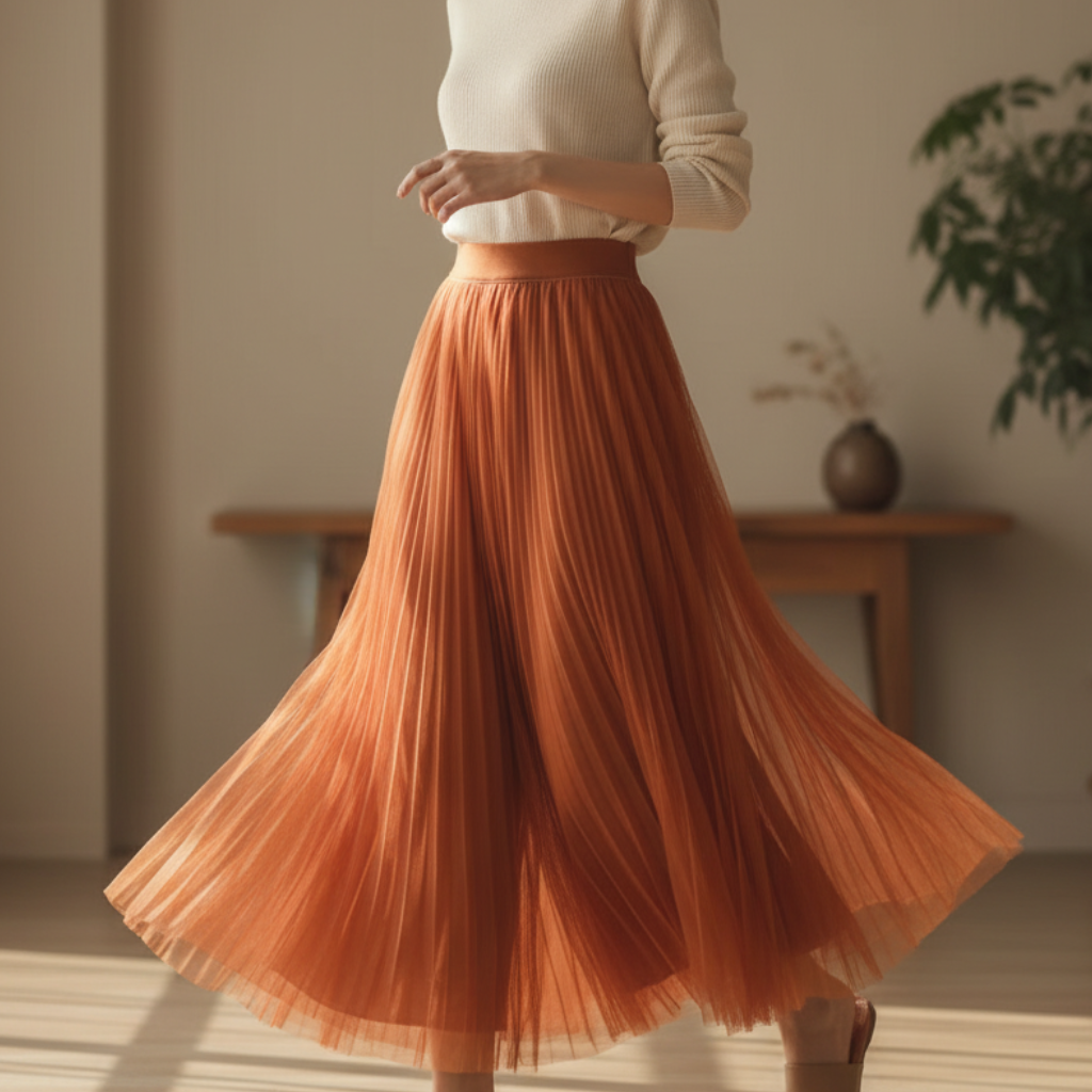 Women's Maxi Skirt | Pleated High Waist Mesh A-Line