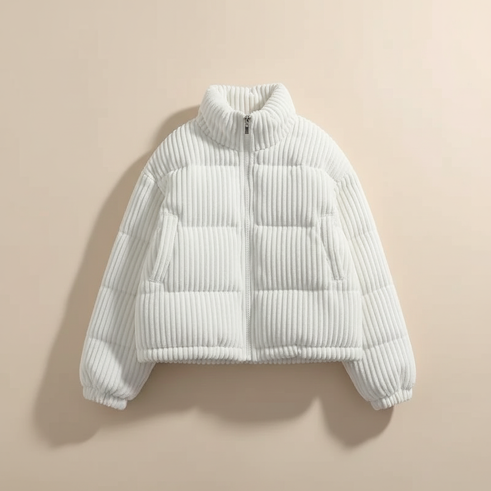 Women's Puffer Jacket | Cropped Corduroy Quilted High Neck Zip