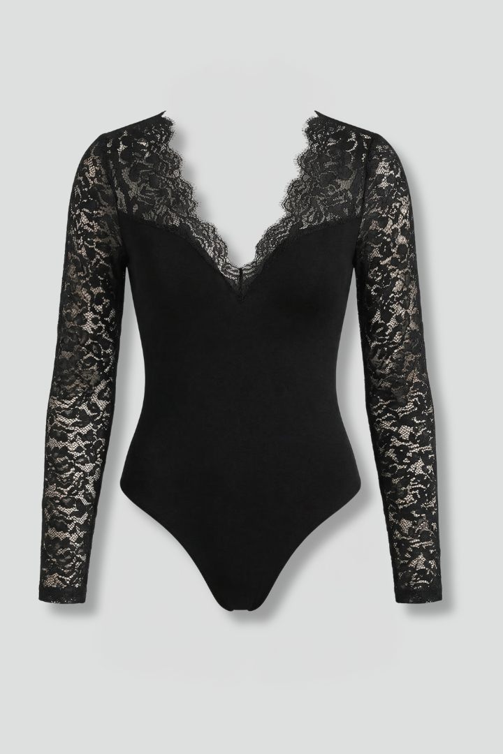 Women's Black Bodysuit | Deep V Lace Neckline Long Sleeve Slim Fit