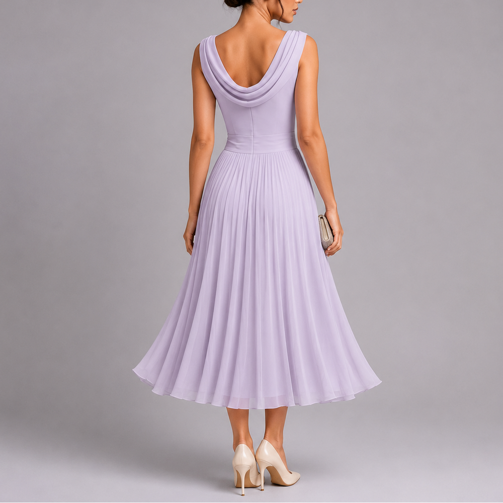 Women's Cocktail Dress | Midi Length Draped Neckline Sleeveless Pleated