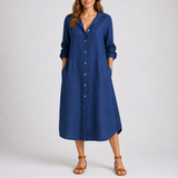 Women's Long Sleeve Dress | Midi Length Denim Button Front