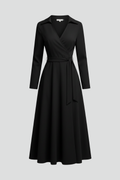 Women's Long Sleeve Dress | Midi Length V-Neck Wrap Tie A-Line