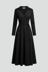 Women's Long Sleeve Dress | Midi Length V-Neck Wrap Tie A-Line