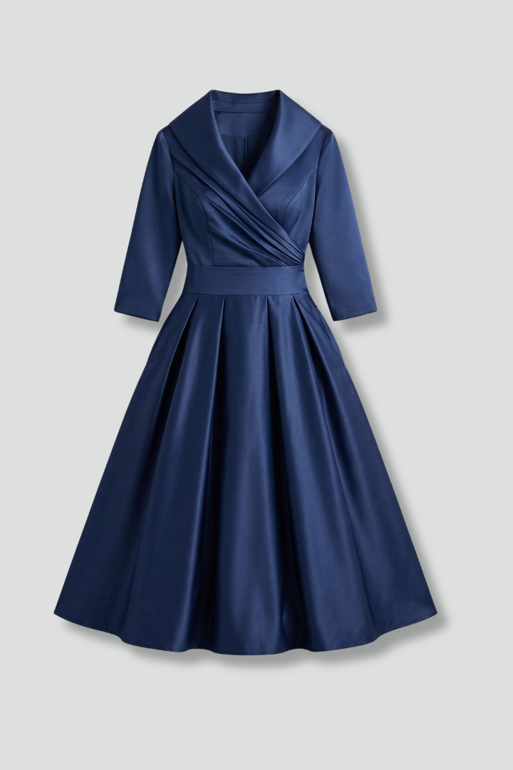 Women's Formal Dress | Midi Length Wrap Neckline Pleated Skirt