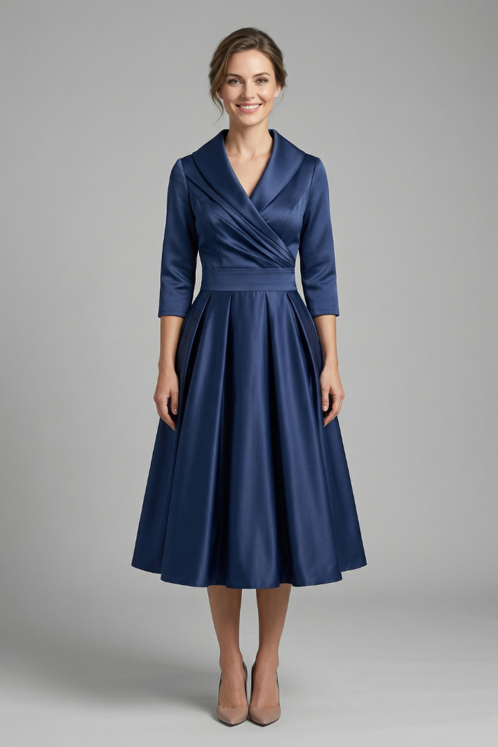 Women's Formal Dress | Midi Length Wrap Neckline Pleated Skirt