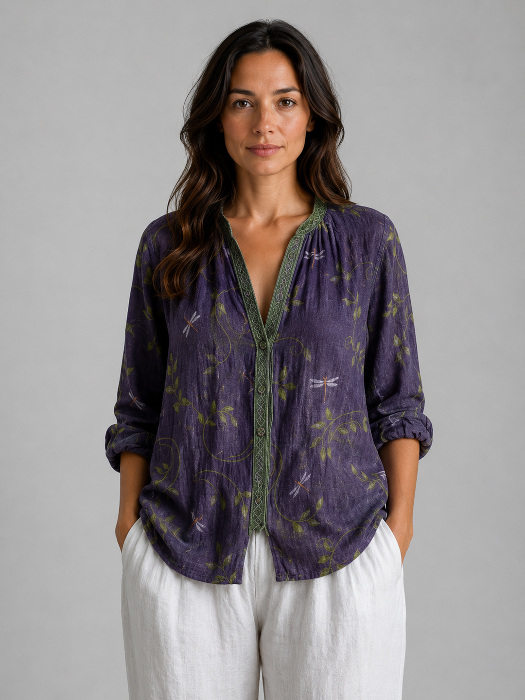 Women's Long Sleeve Top | V-Neck Embroidered Trim Button-Front Woven