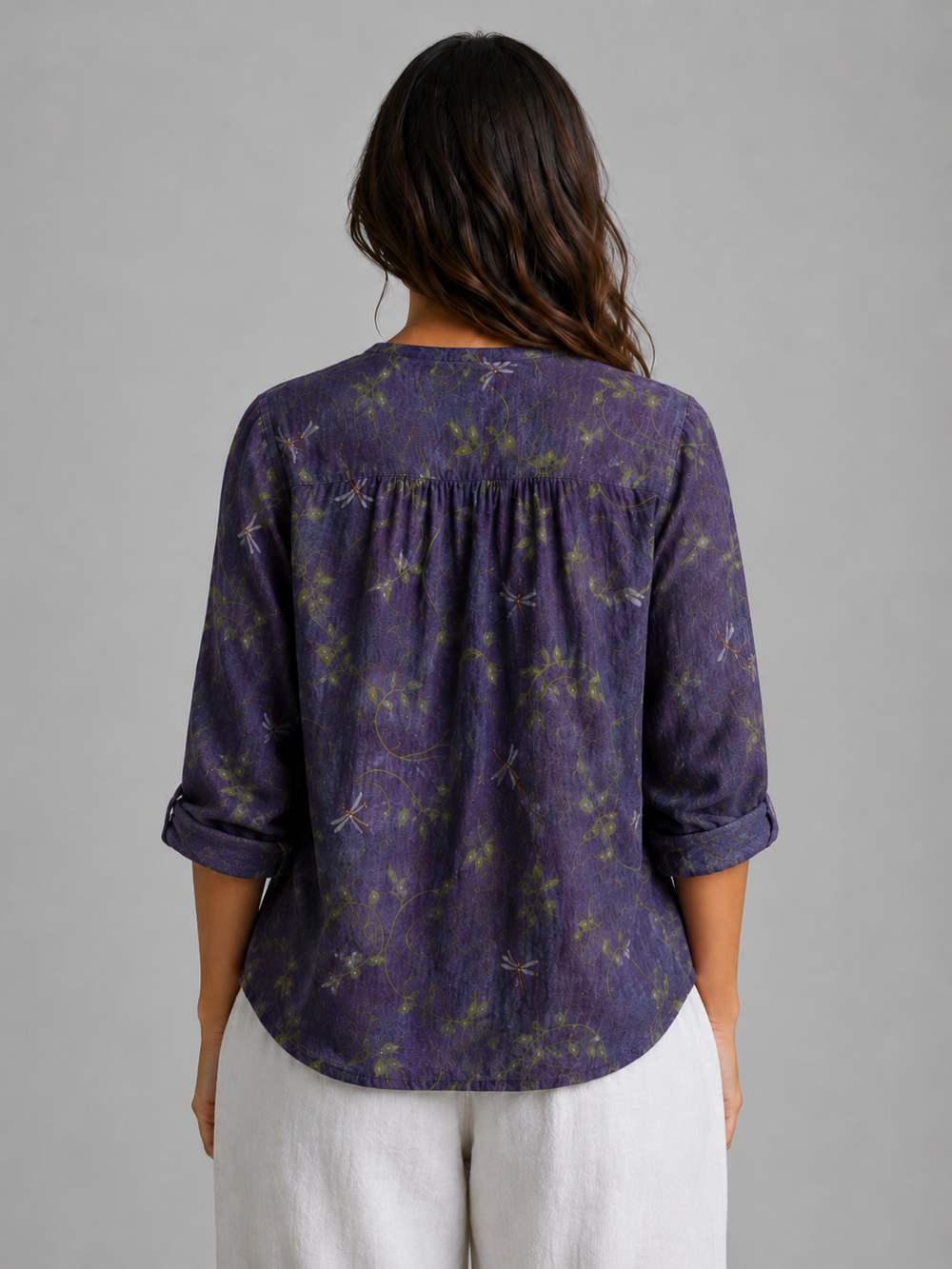 Women's Long Sleeve Top | V-Neck Embroidered Trim Button-Front Woven