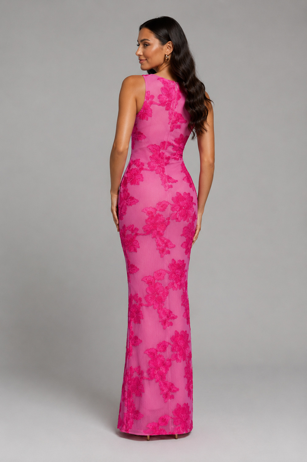 Women's Wedding Guest Gown | Maxi Floral Embroidered Sleeveless Mesh