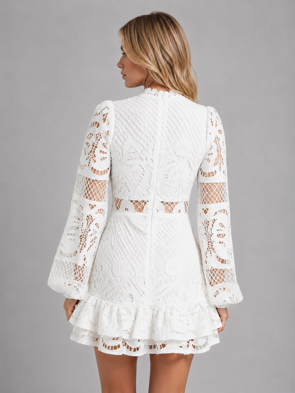 Women's Long Sleeve Dress | Mini Length Lace High Neck Flounce