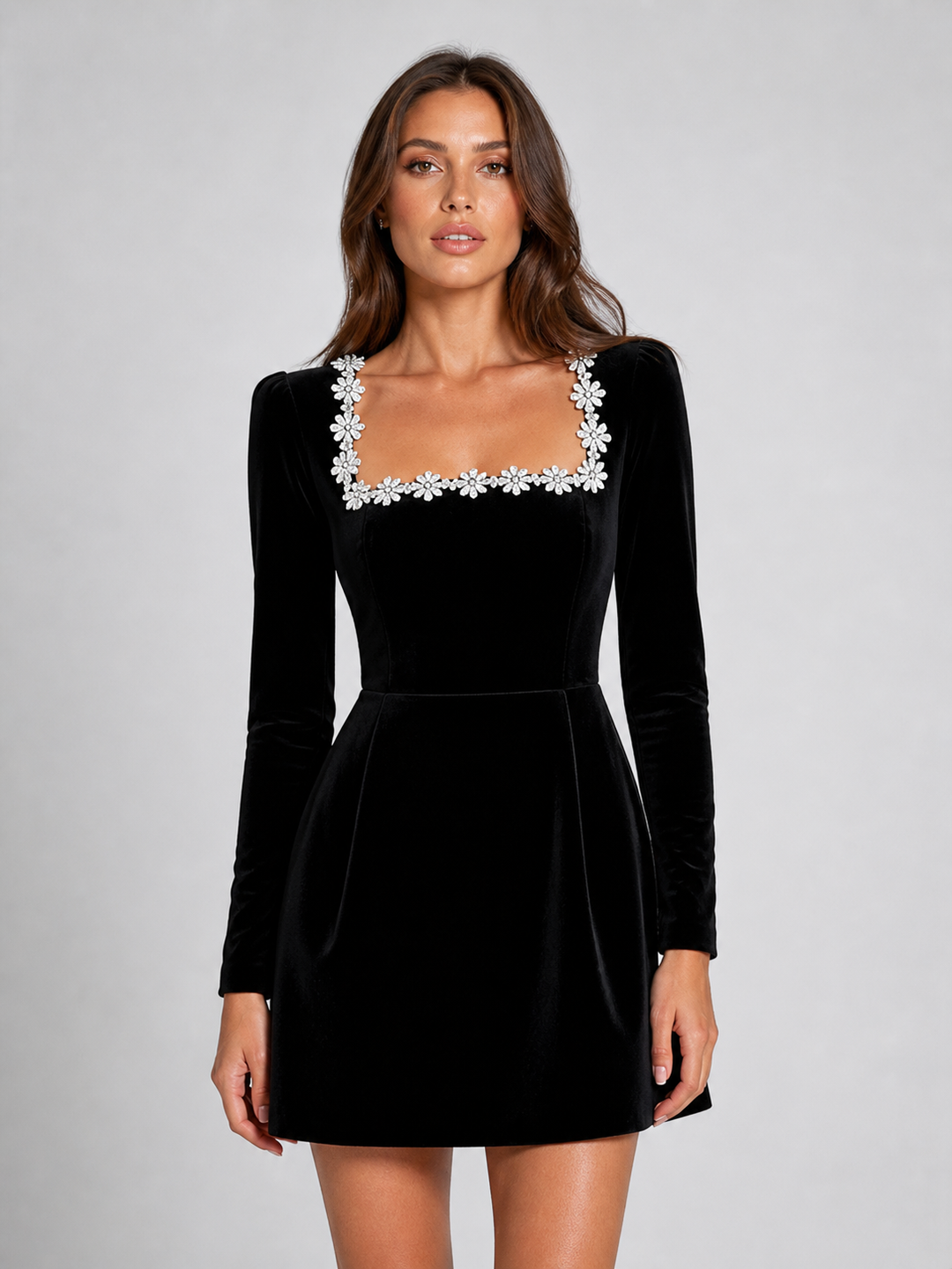 Women's Long Sleeve Mini | Square Neck Crystal Trim Velvet Fitted