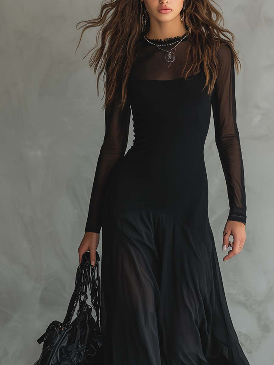 Women's Black Dress | Mesh Sleeve Maxi Flowy Hem Fitted Bodice