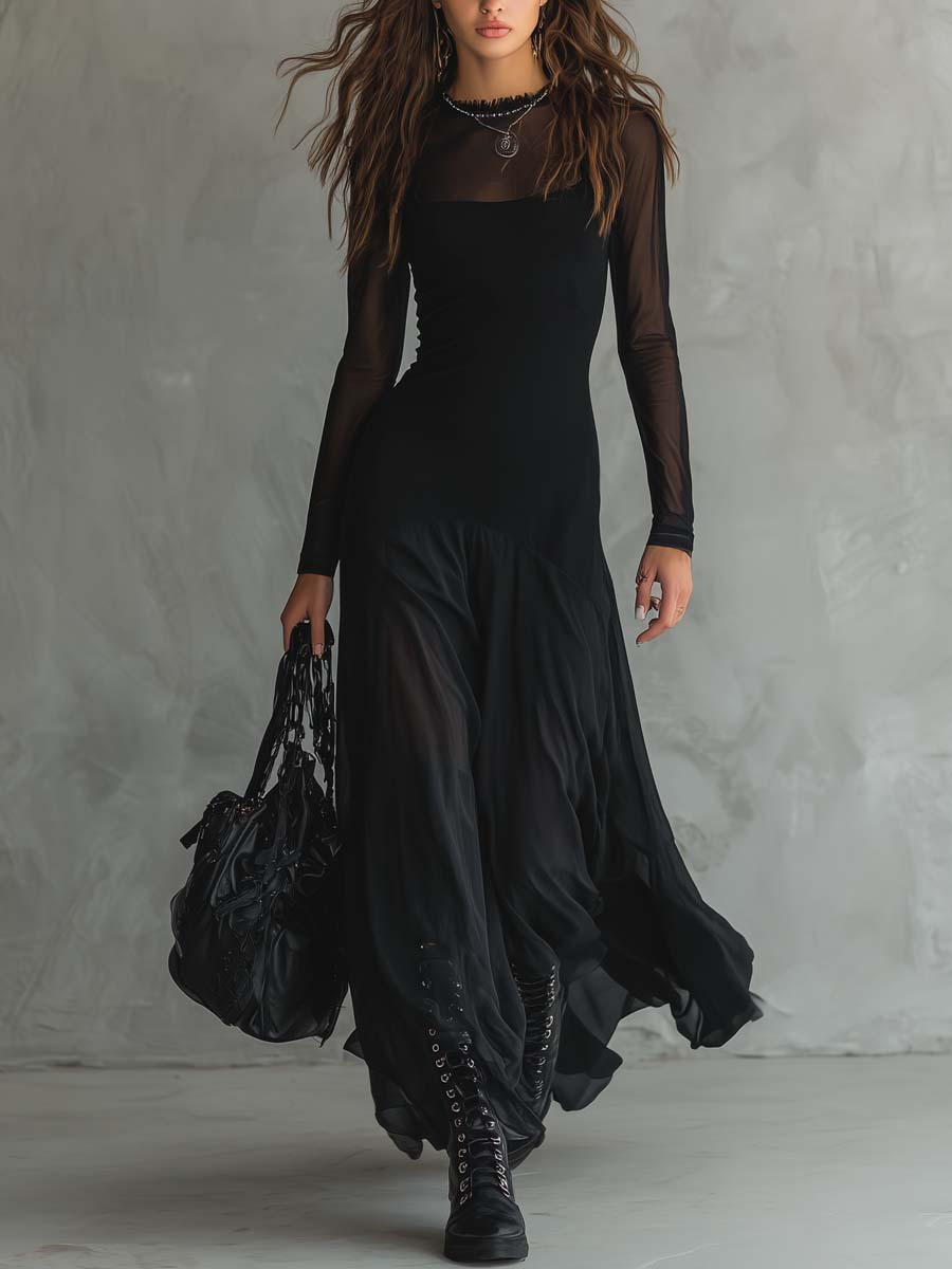 Women's Black Dress | Mesh Sleeve Maxi Flowy Hem Fitted Bodice