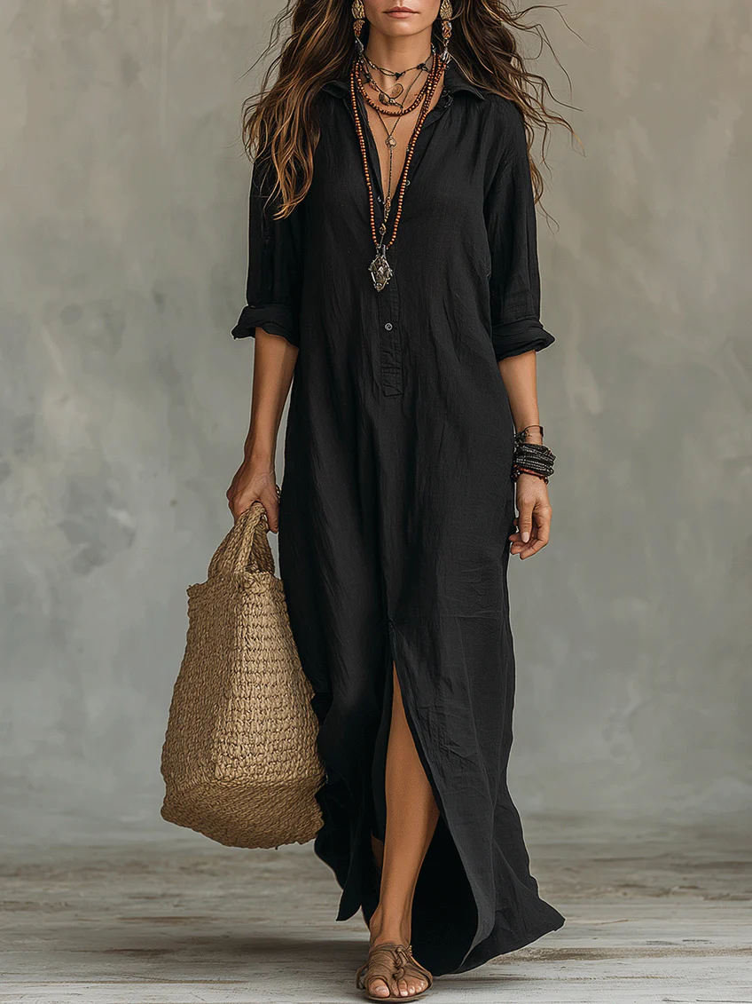 Women's Maxi Dress | Collared Long Sleeve Button Front Side Slit