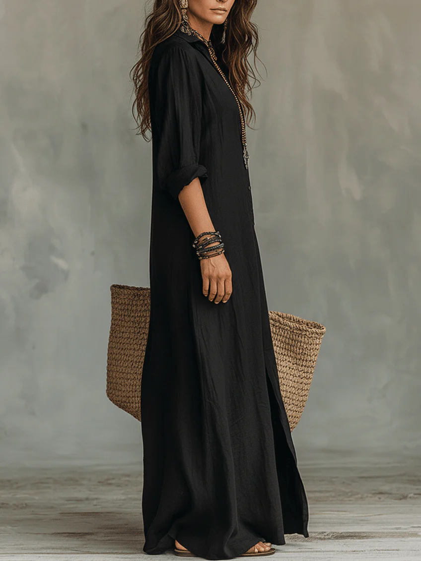 Women's Maxi Dress | Collared Long Sleeve Button Front Side Slit