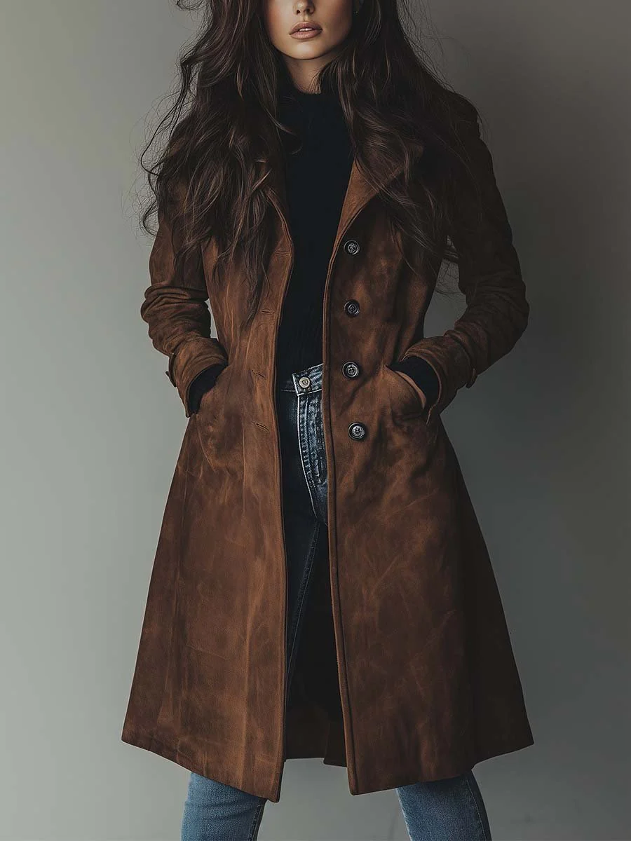 Women's Trench Coat | Notched Collar Single Breasted Longline Suede