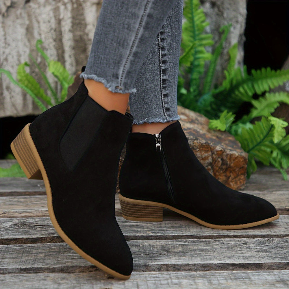 Women's Chelsea Boots | Pointed Toe Side Zipper Low Block Heel Suede