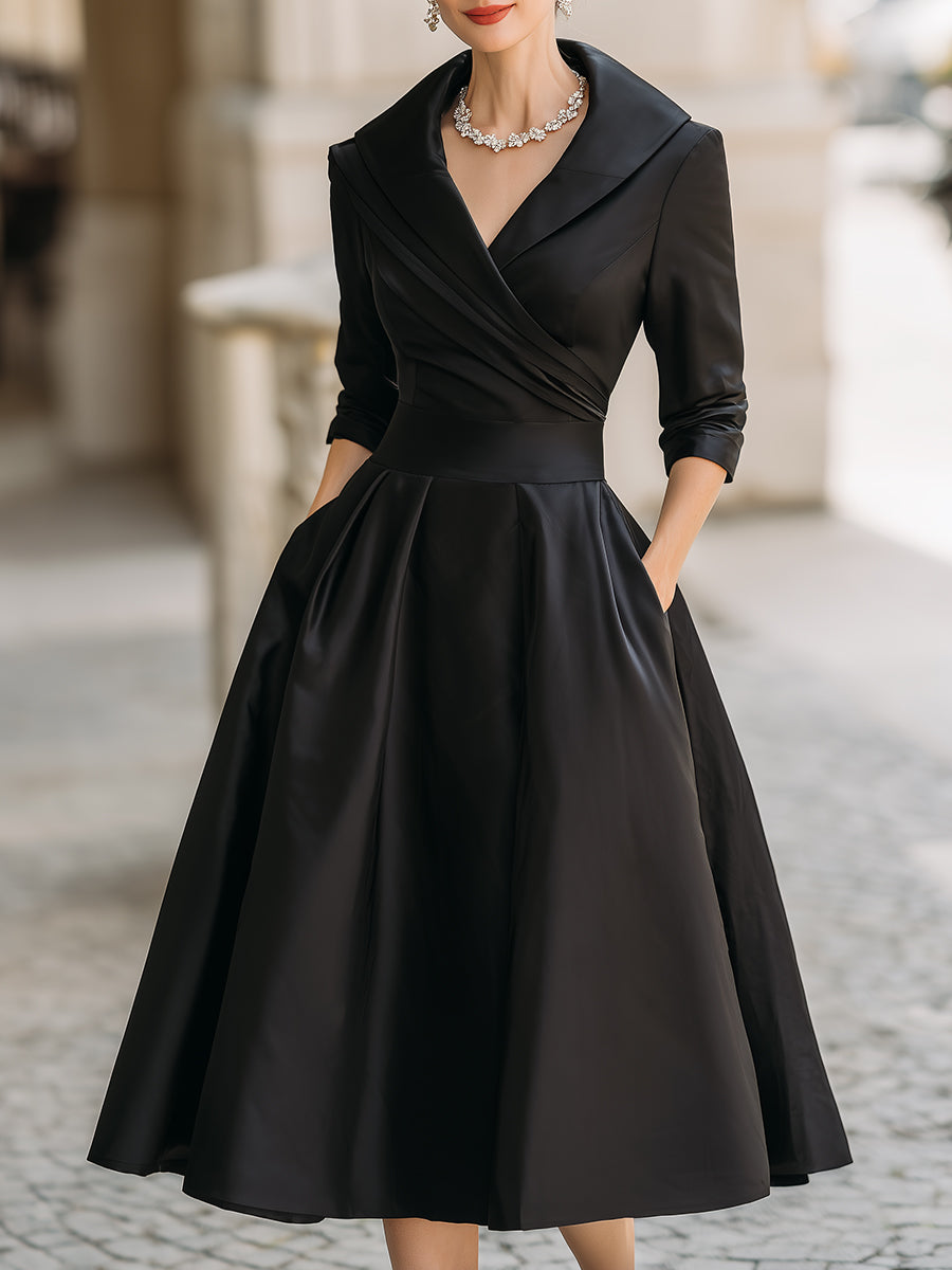 Women's Cocktail Dress | Midi Shawl Collar Wrap V-Neck Satin