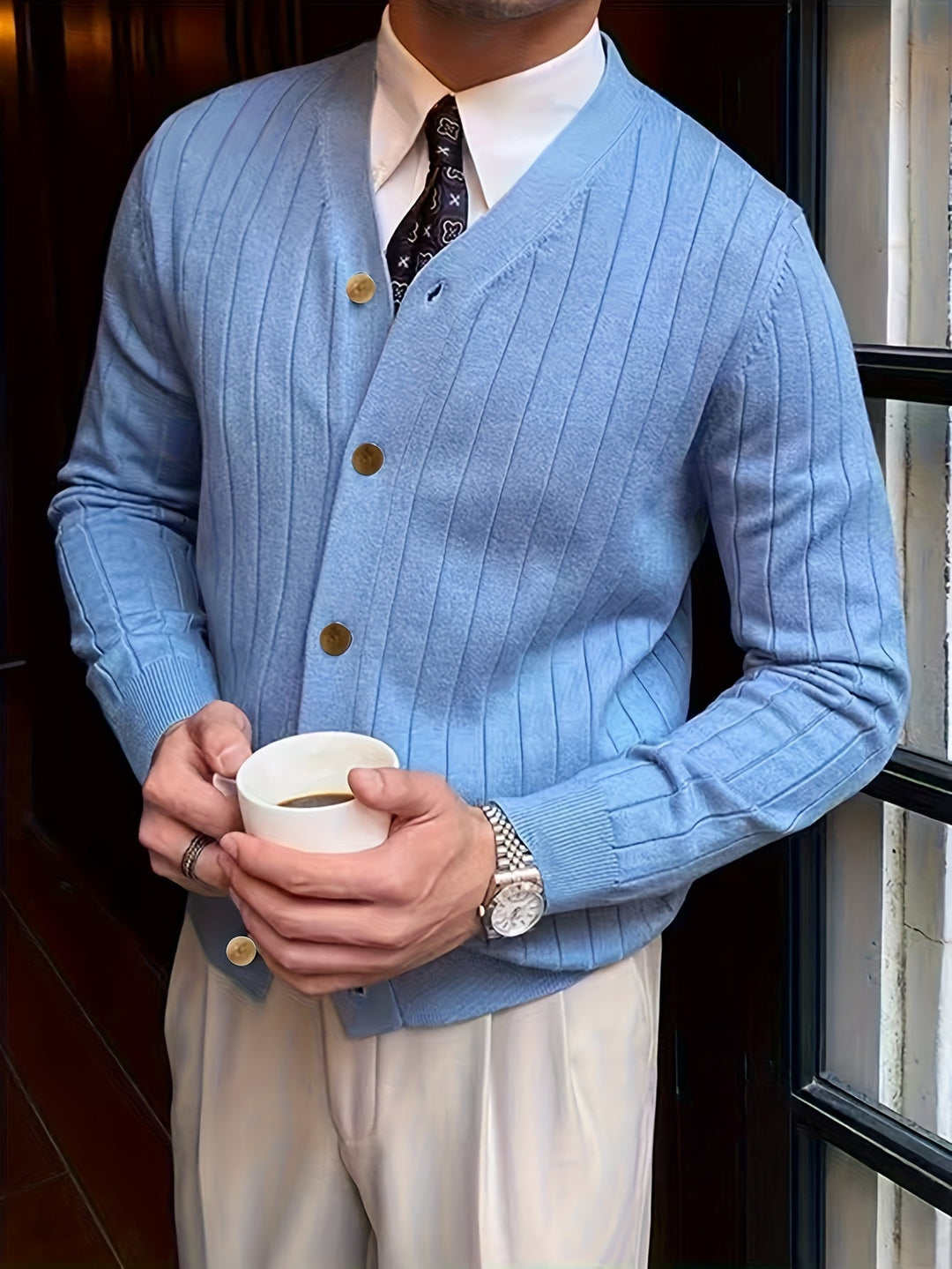 Men's Cardigan | V Neck Ribbed Knit Button Up Long Sleeve
