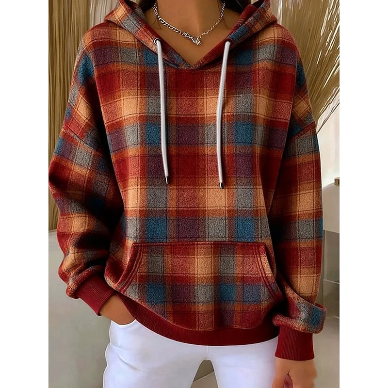 Women's Comfy Hoodie | Plaid Print Drawstring Hood Front Pocket